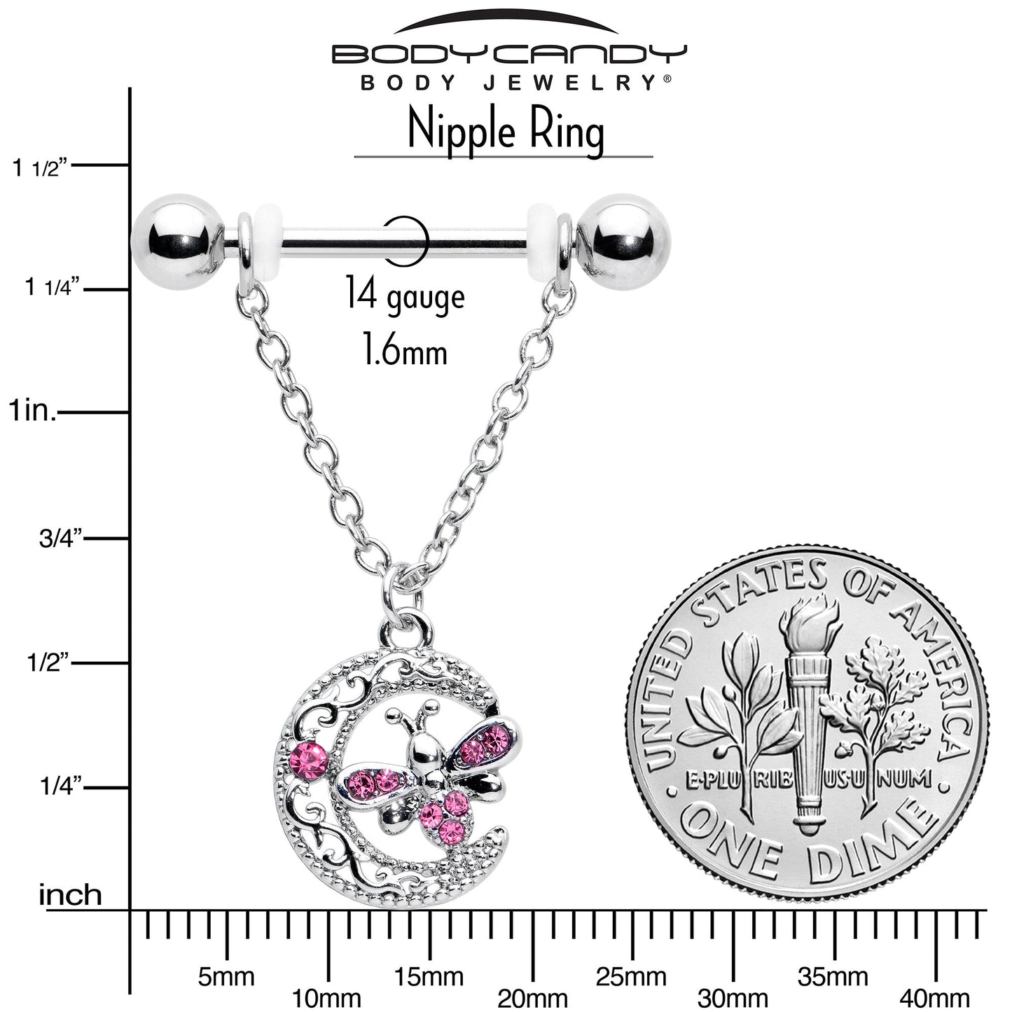 14G 9/16 Pink Gem Lunar Dragonfly Chain Dangle Nipple Ring Set