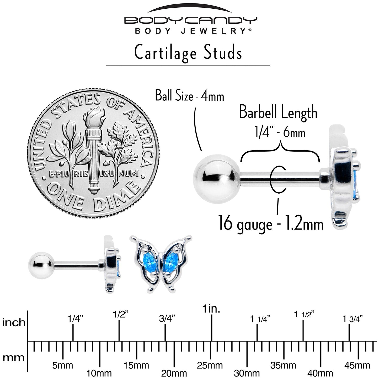 16G 1/4 Blue Gem Fancy Fab Butterfly Cartilage Tragus Earring