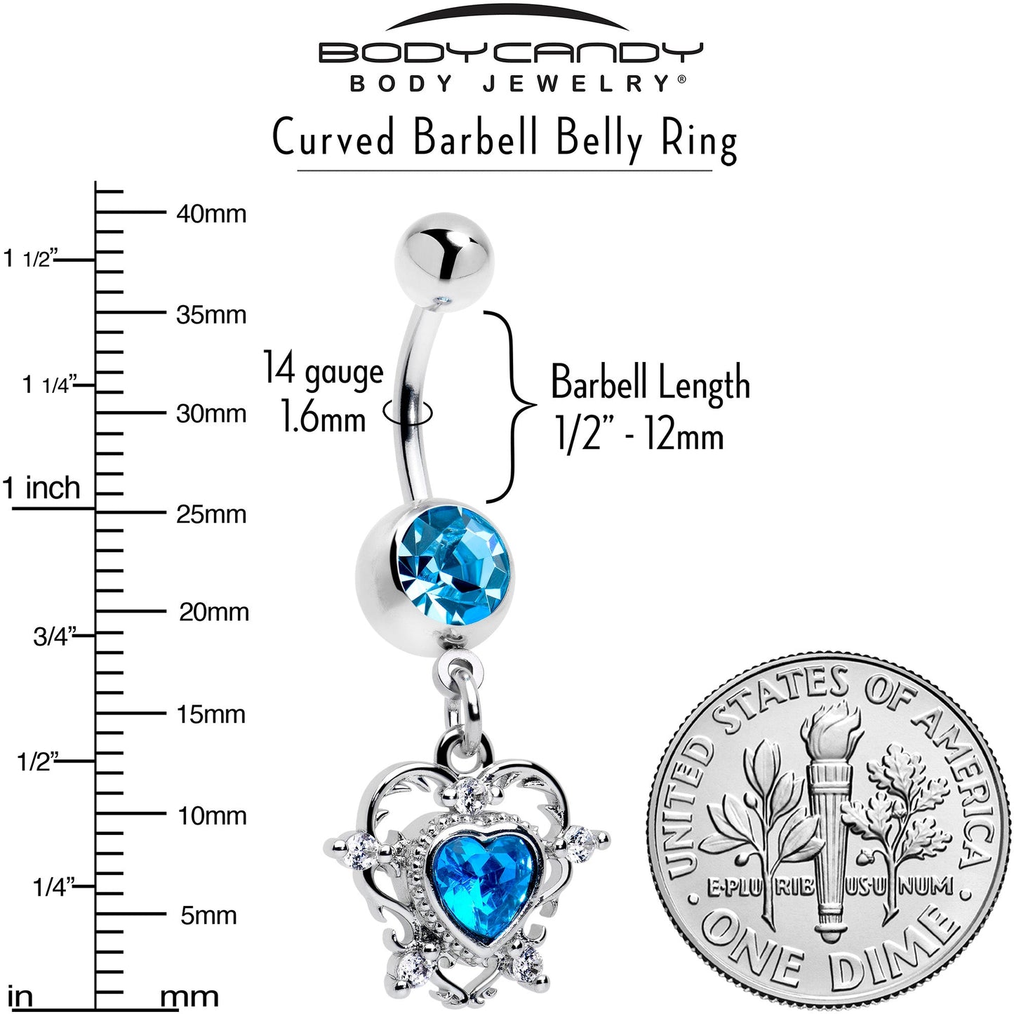 Blue CZ Gem Heart Pair Dangle Belly Ring