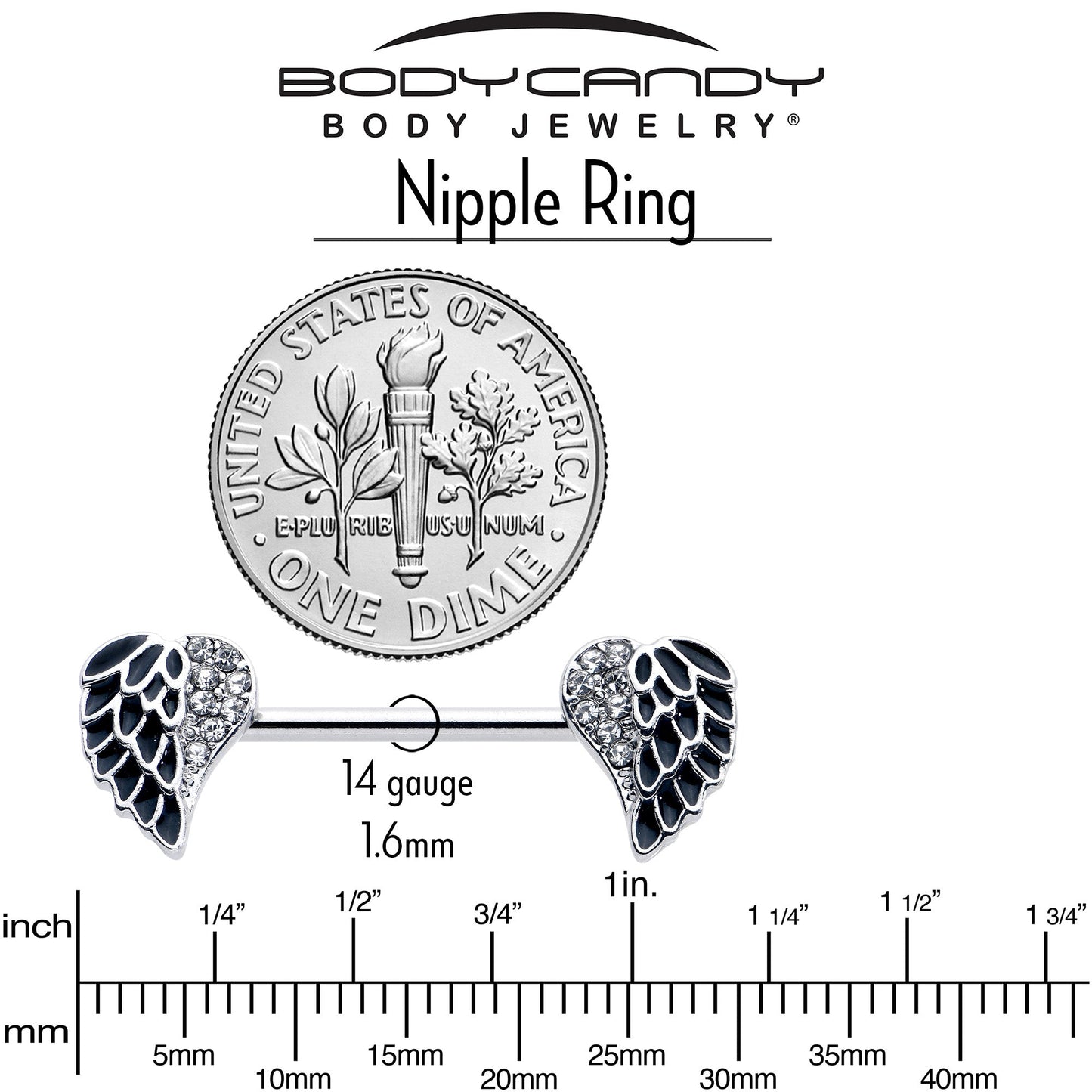 14G 9/16 Clear Gem Heavenly Heart Angel Wing Black Nipple Ring Set