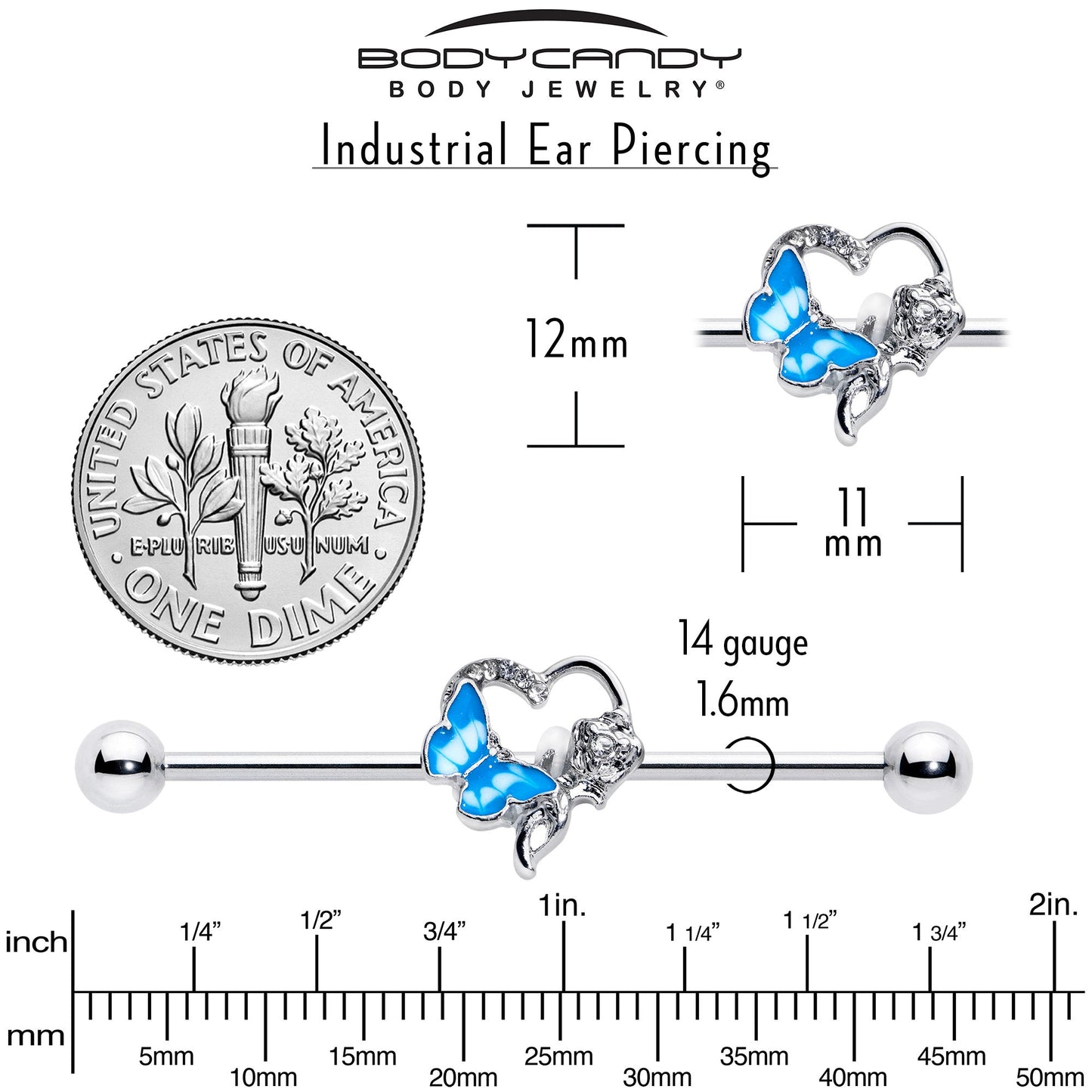 14G Clear Gem Butterfly Flower Blue Industrial Barbell 38mm