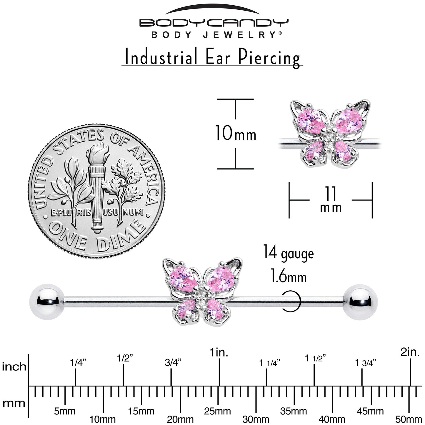 14G Pink Gem Baroque Beauty Butterfly Industrial Barbell 38mm
