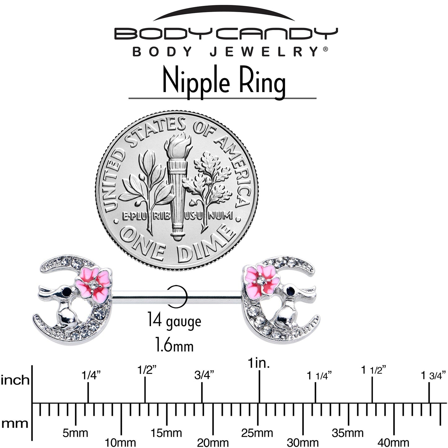 14G 9/16 Clear Gem Rabbit On Moon Flower Pink Nipple Ring Set