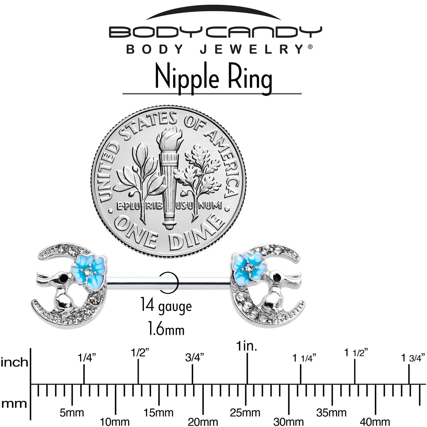 14G 9/16 Clear Gem Rabbit On Moon Flower Blue Nipple Ring Set