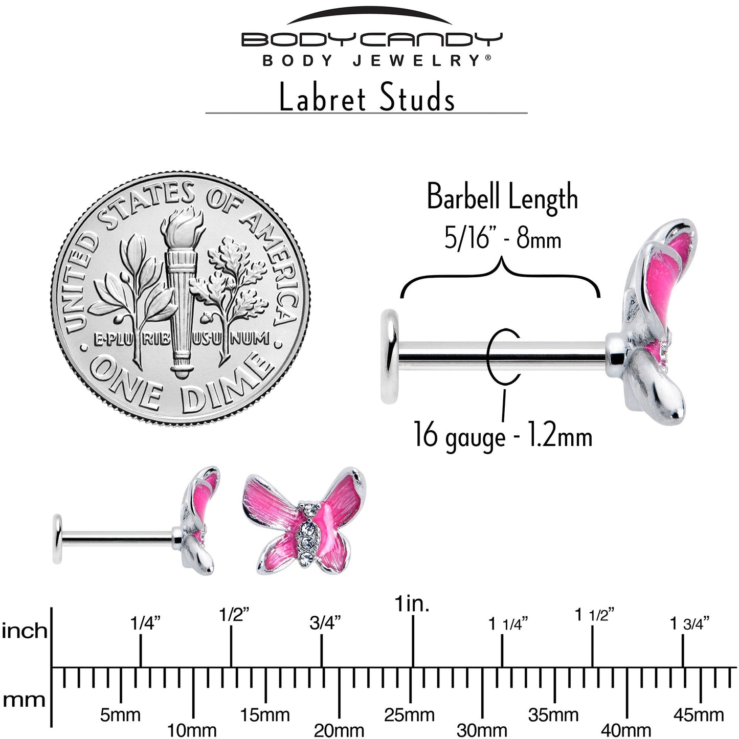 16G 5/16 Clear Gem Chunky Butterfly Pink Labret Monroe Tragus