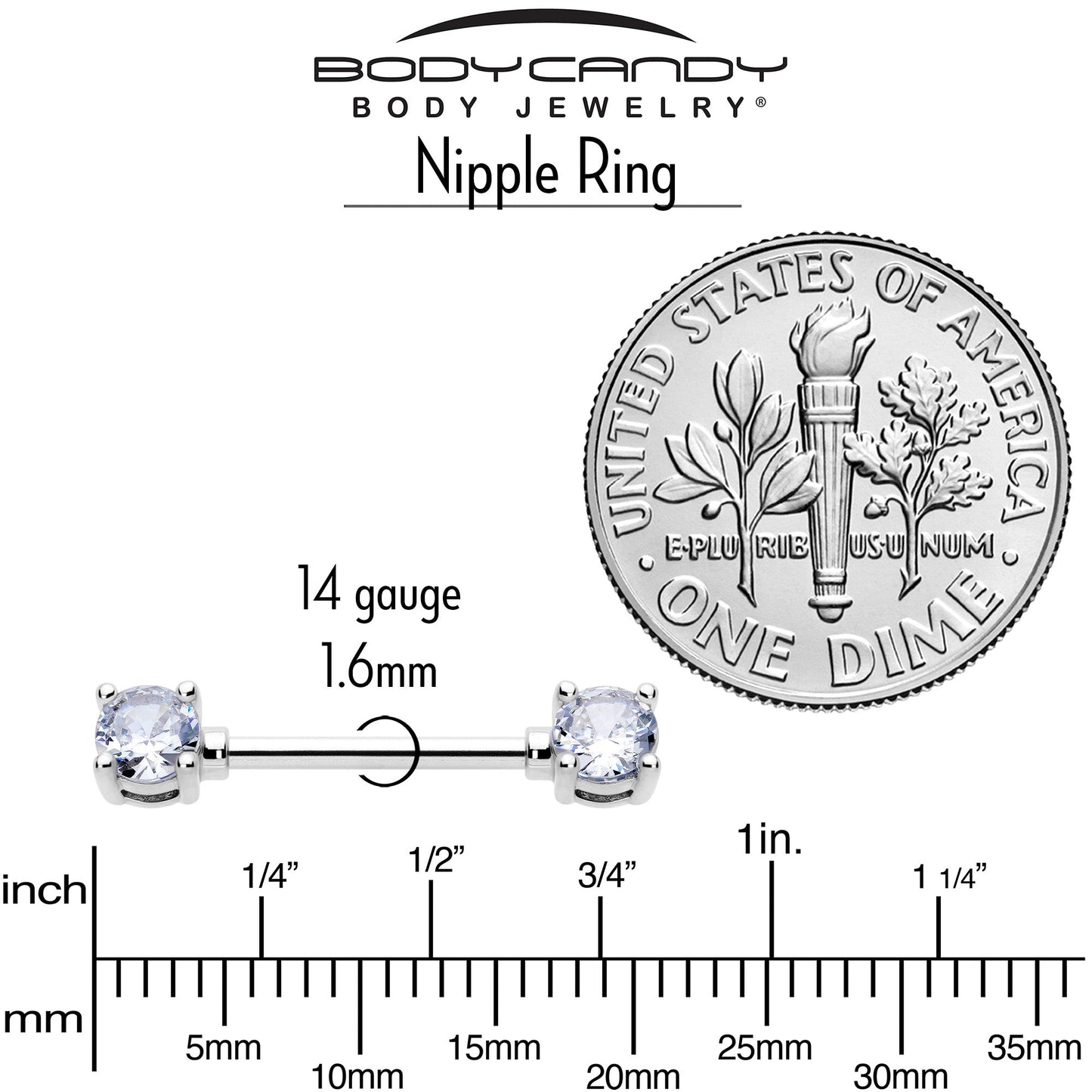14G 9/16 Clear CZ Gem Forward Facing April Birthstone Nipple Ring Set