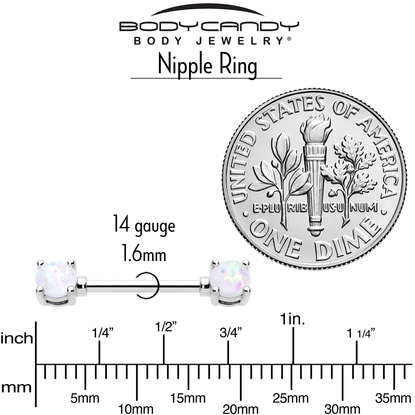 14G 9/16 White Faux Opal October Birthstone Nipple Ring Set