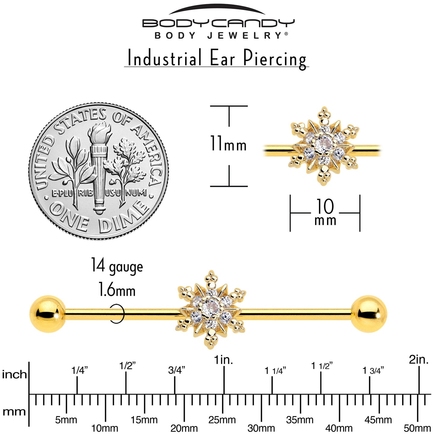 14G Clear CZ Gem Gold Tone Glam Snowflake Industrial Barbell 38mm