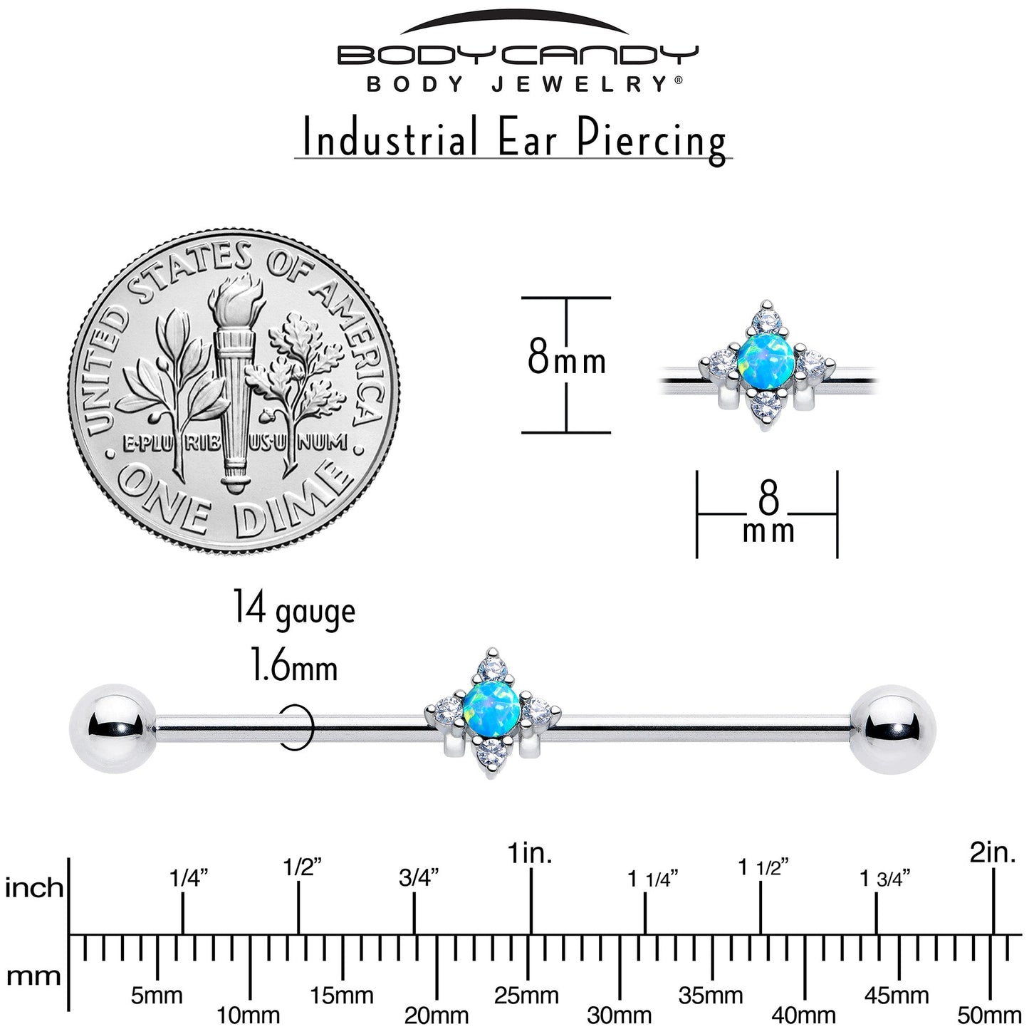 14G Blue Synthetic Opal Rhombus Star Industrial Barbell 38mm