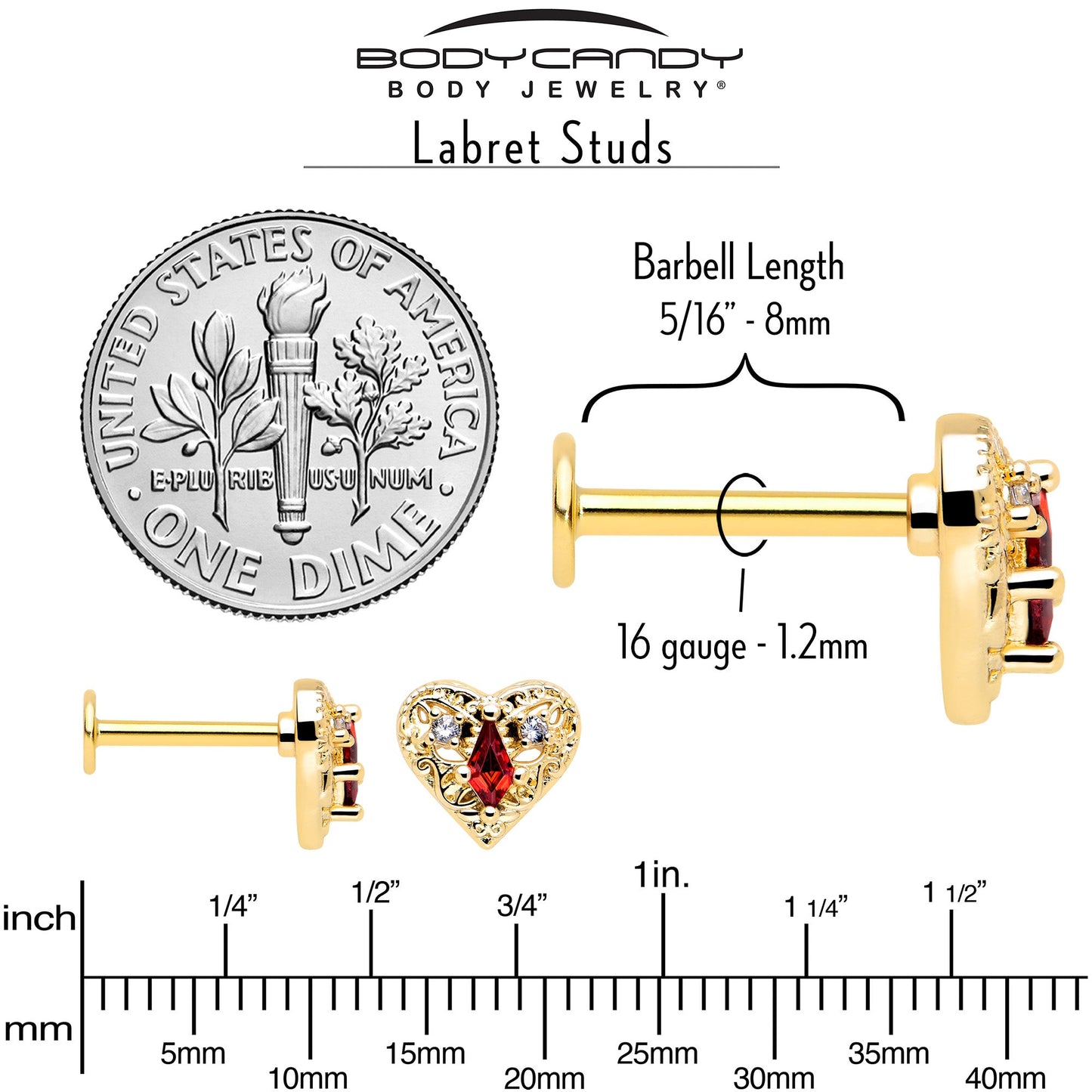 16G 5/16 Red CZ Gem Gold Tone Heart Queen Flatback Stud
