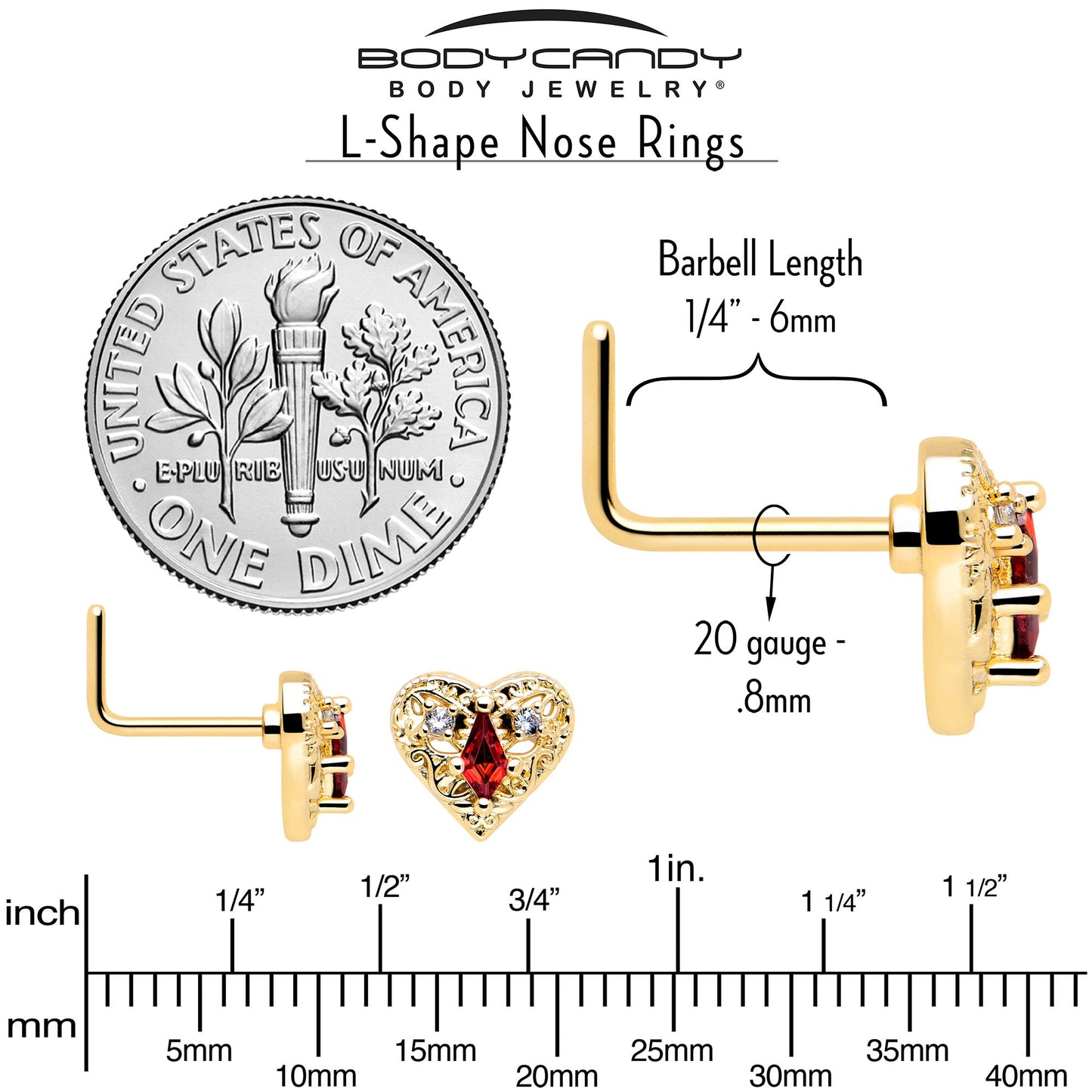 20G 7mm Red CZ Gem Gold Tone Heart Queen L Shape Nose Ring
