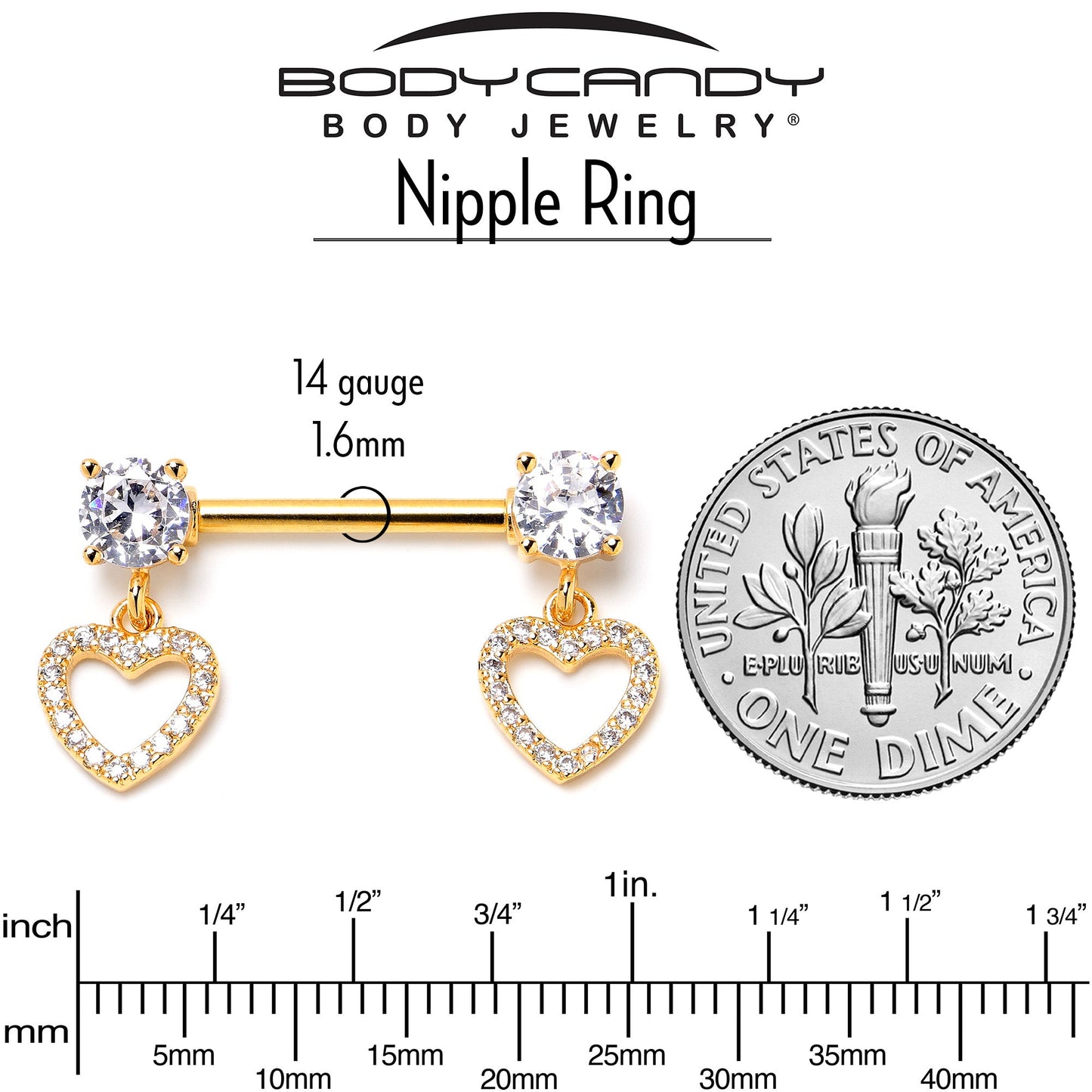 14G 9/16 Clear CZ Gem Gold Tone Paved Heart Dangle Nipple Ring Set