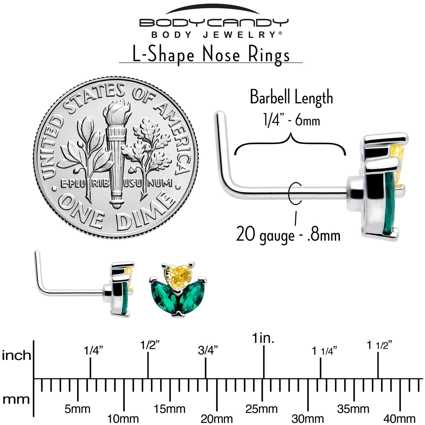 20G 7mm Yellow Green CZ Gem Love Flower L Shape Nose Ring