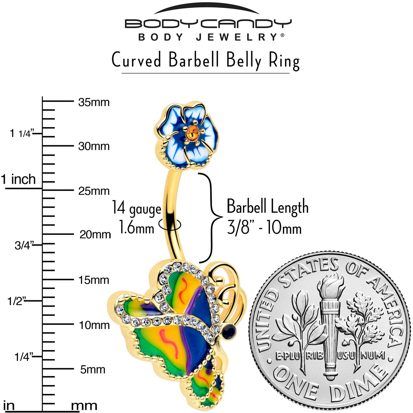 Clear Yellow Gem Gold Tone Butterfly Colors Double Mount Belly Ring