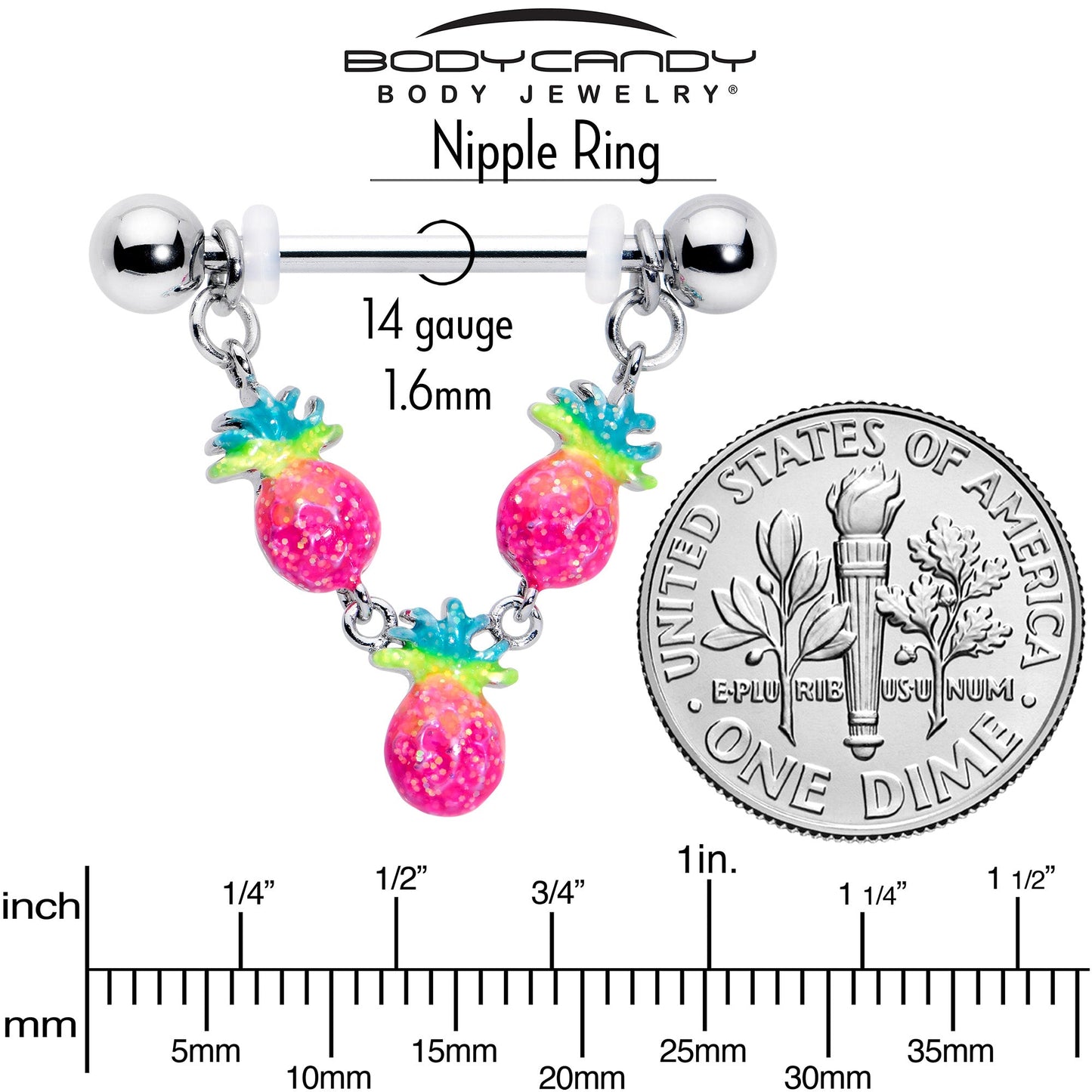 14G 9/16 Hot Tropical Pineapple Dangle Barbell Nipple Ring Set