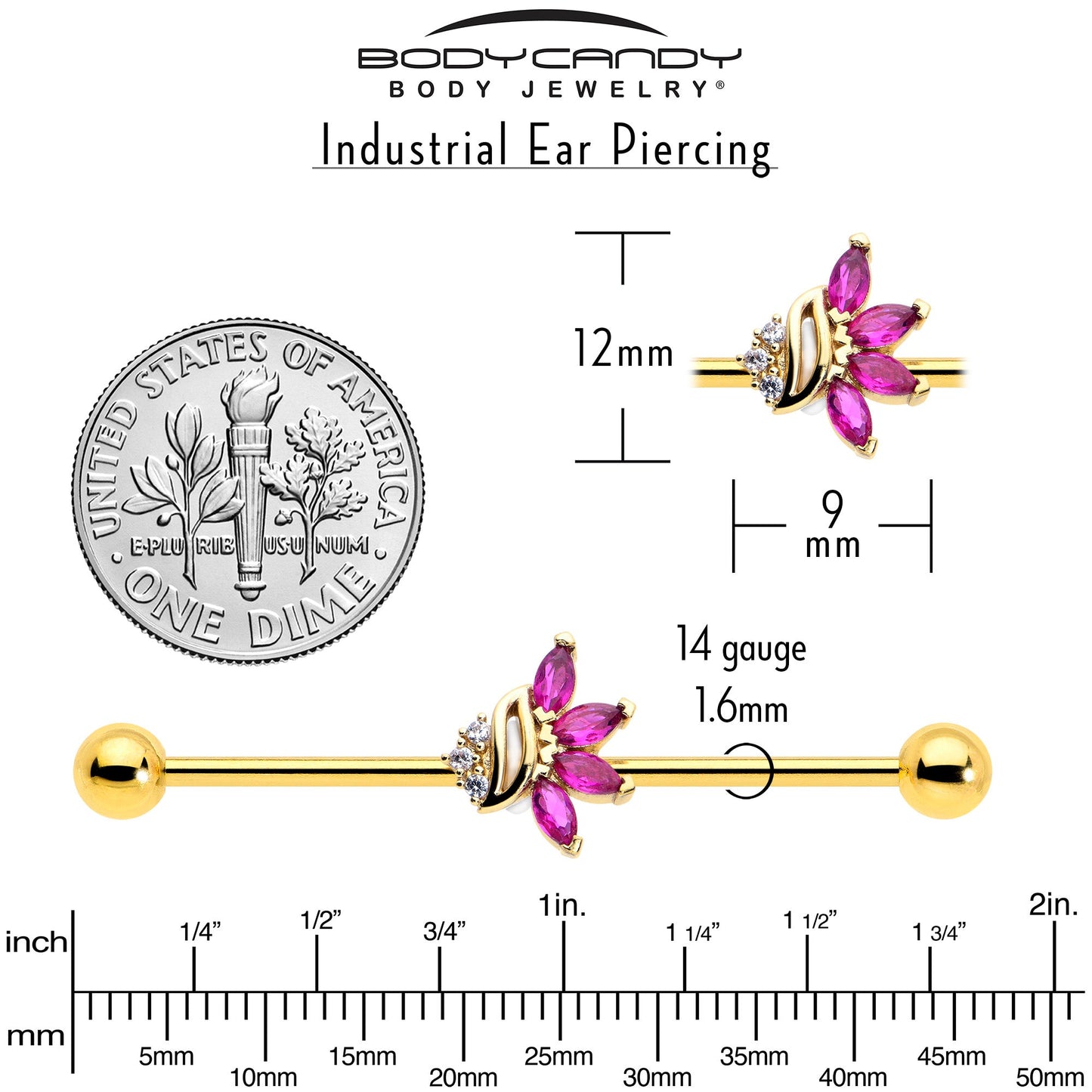 14G Red CZ Gem Gold Tone Swirl Fan Industrial Barbell 38mm