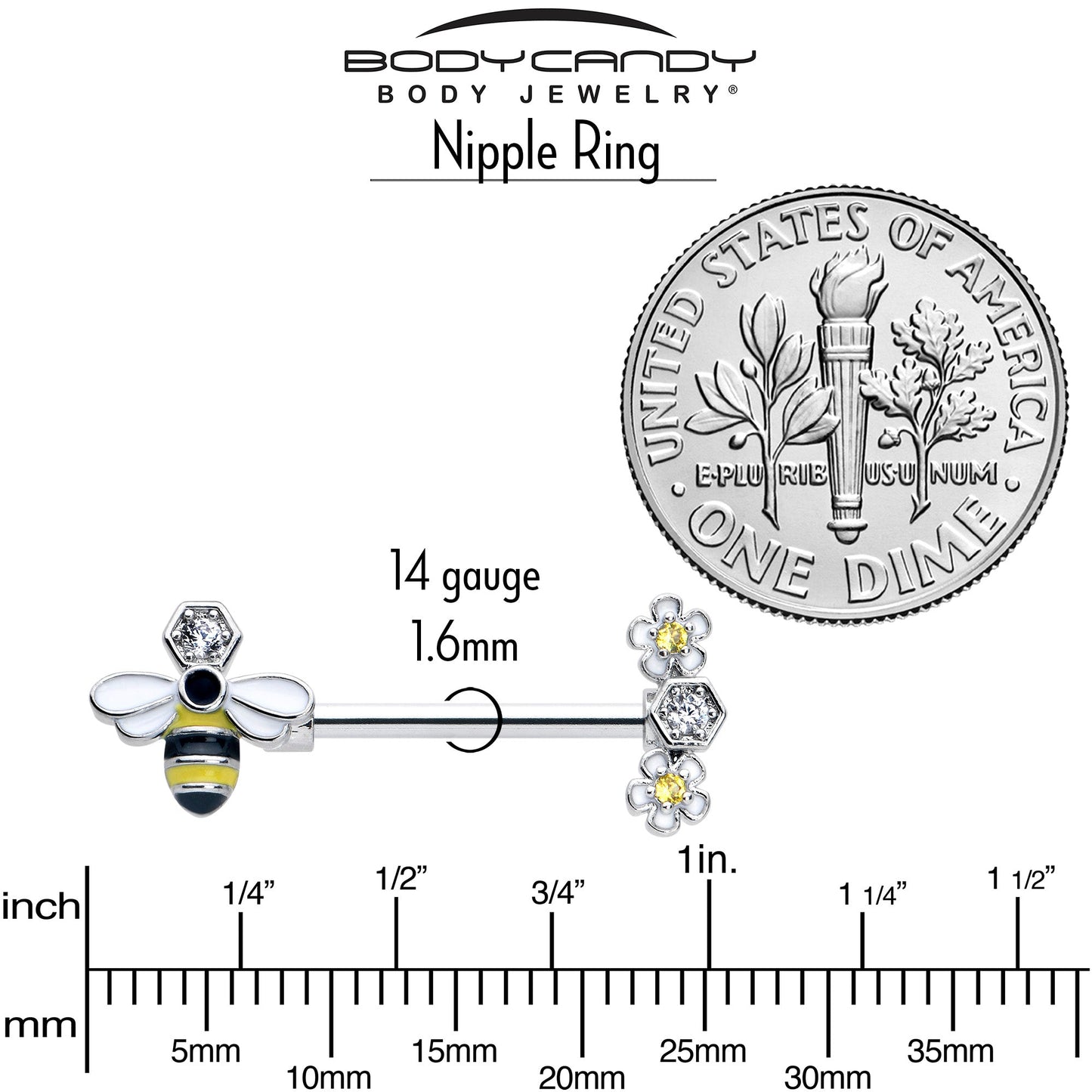 14G 9/16 Yellow Clear CZ Gem Flower Bee Barbell Nipple Ring Set