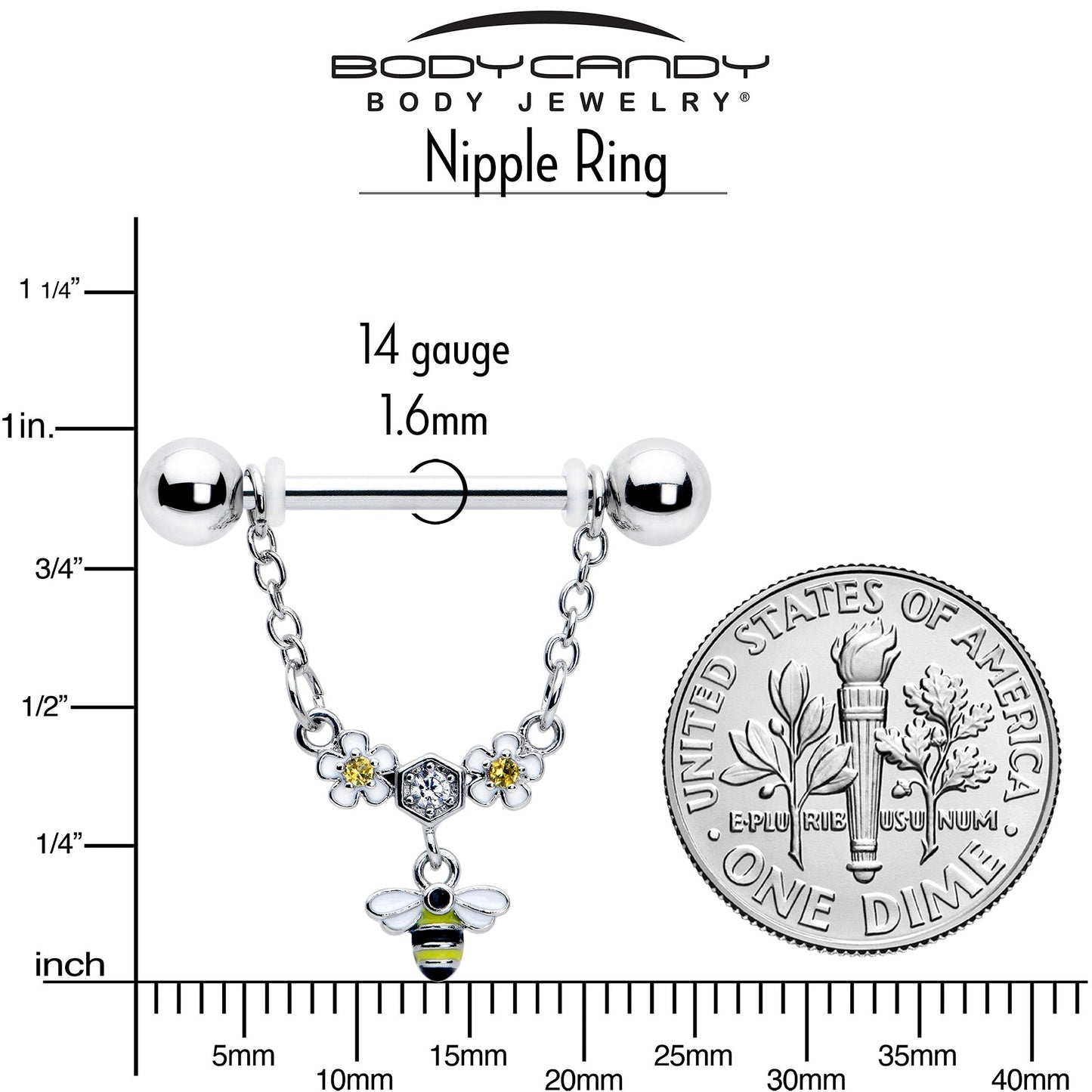 14G 9/16 Yellow CZ Gem Flower Bee Chain Dangle Nipple Ring Set