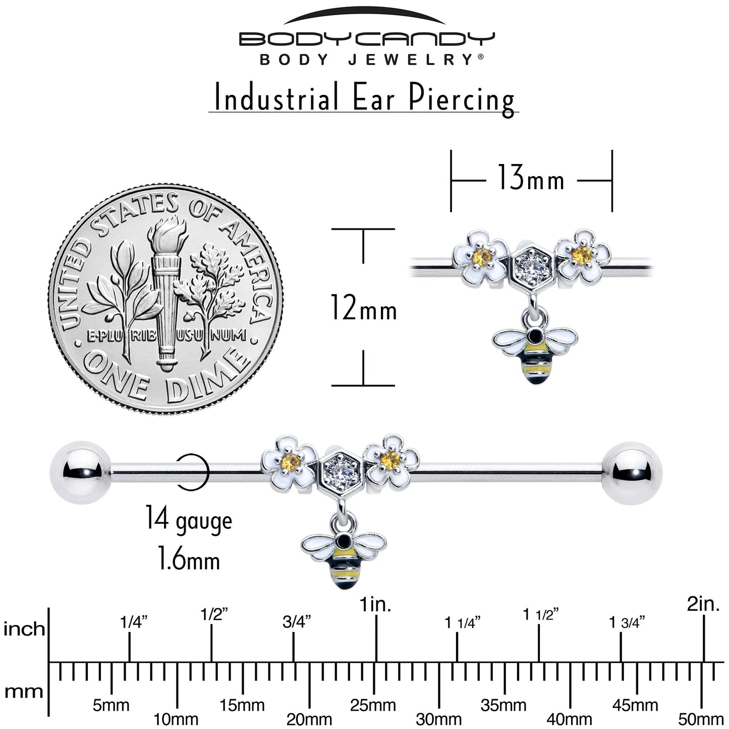 14G Yellow CZ Gem Flower Bee Dangle Industrial Barbell 38mm