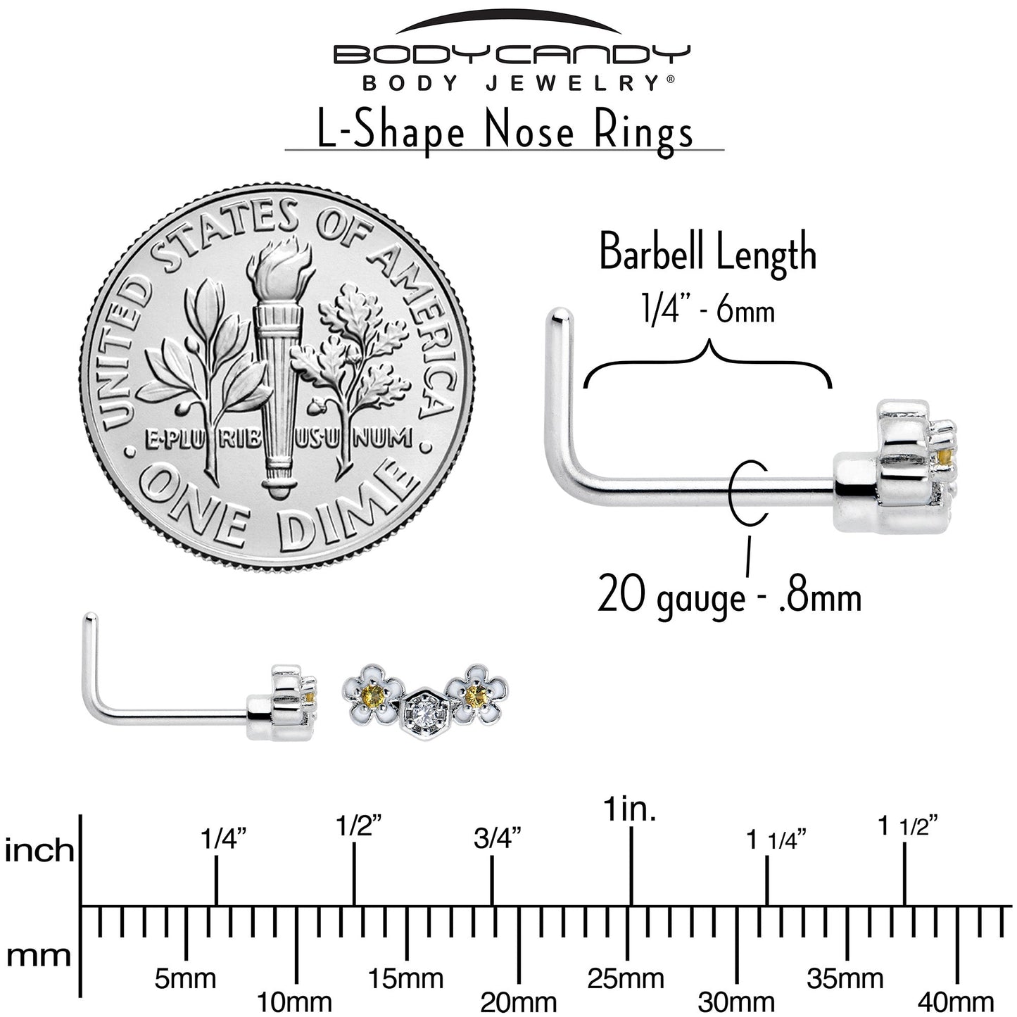 20G 7mm Yellow CZ Gem Flower Honeycomb L Shape Nose Ring