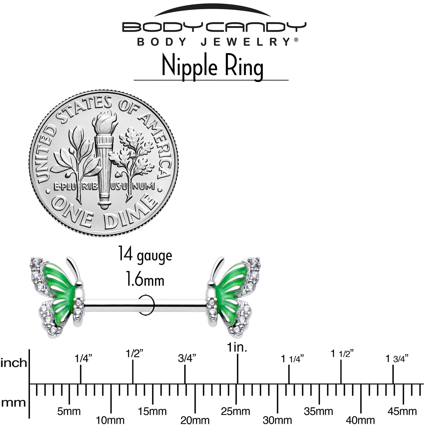 14G 9/16 Clear CZ Gem Butterfly Green Barbell Nipple Ring Set
