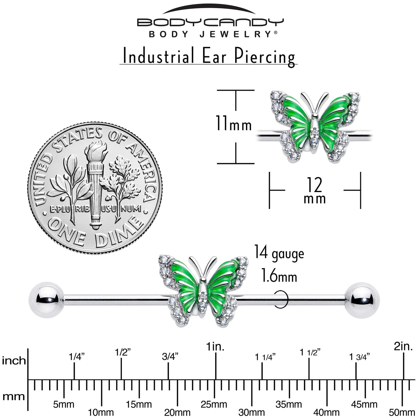 14G Clear CZ Gem Butterfly Green Industrial Barbell 38mm