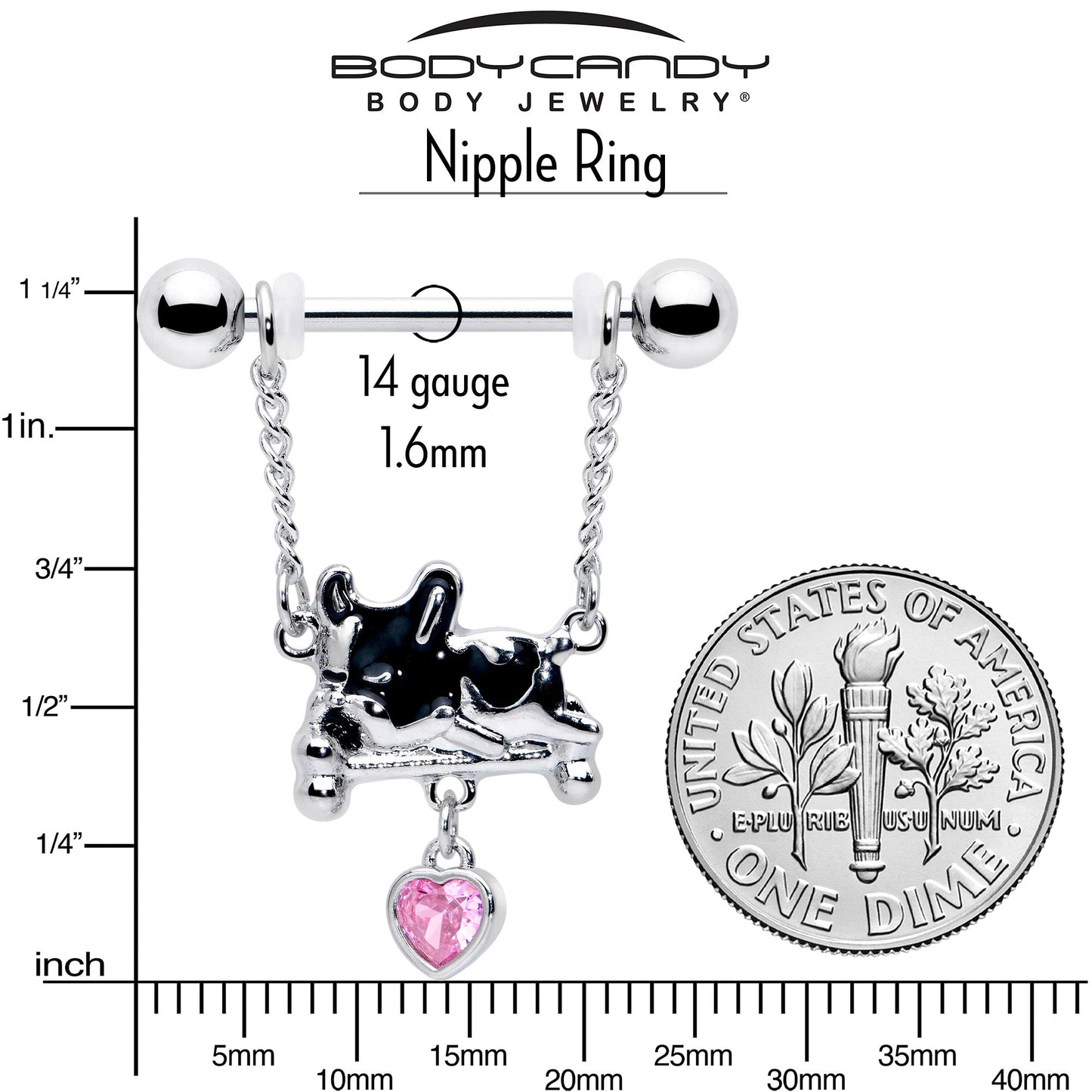 14G 9/16 Pink Gem Sleepy French Bulldog Chain Dangle Nipple Ring Set
