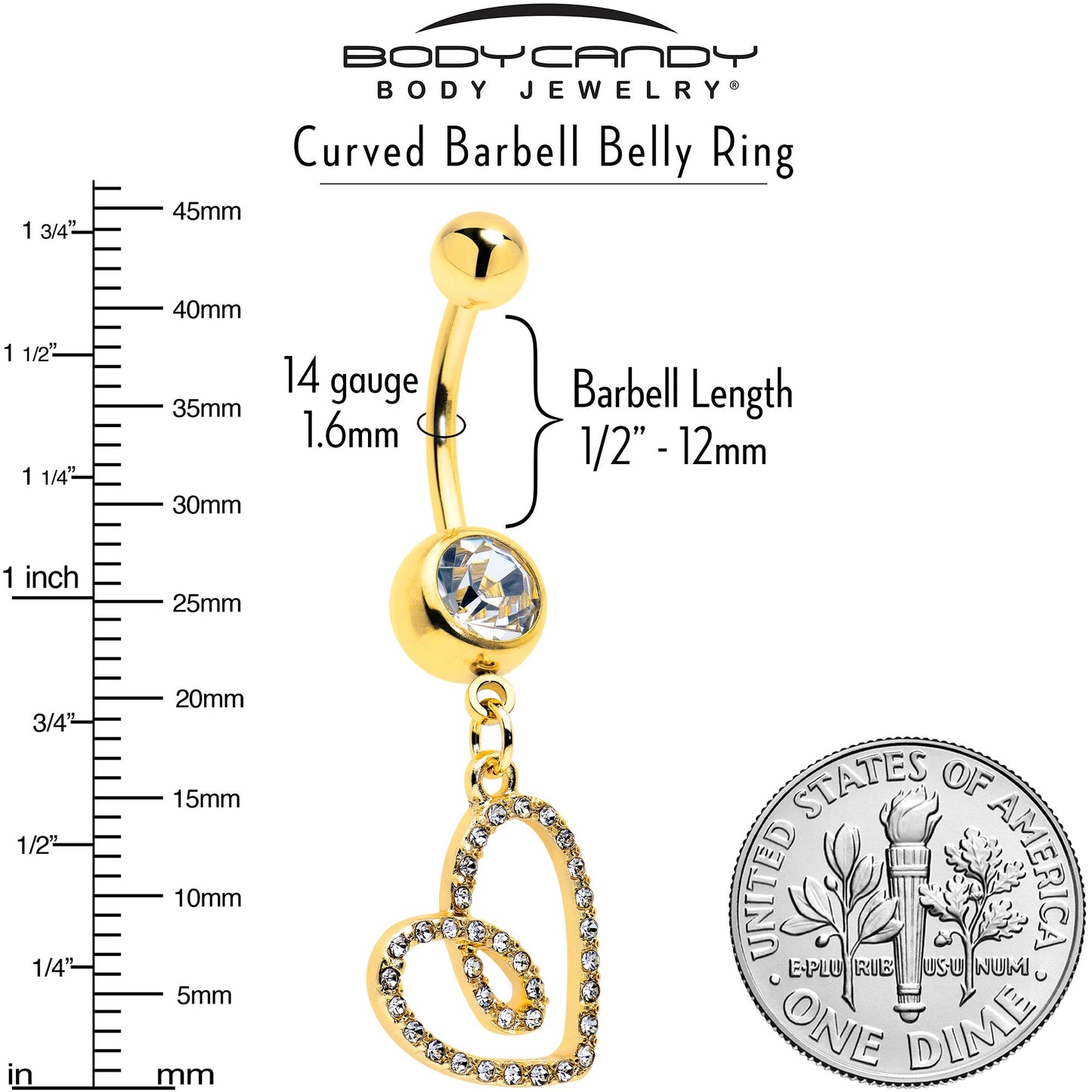 Clear CZ Gem Gold Tone Anodized Loopy Heart Dangle Belly Ring