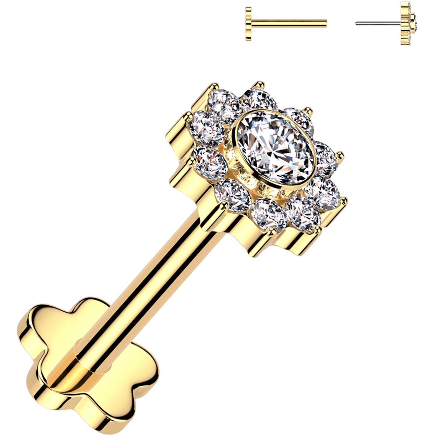 18G 5/16 CZ Gem Flower Duo Gold PVD Medical Grade Titanium Reversible Flat Back Earring