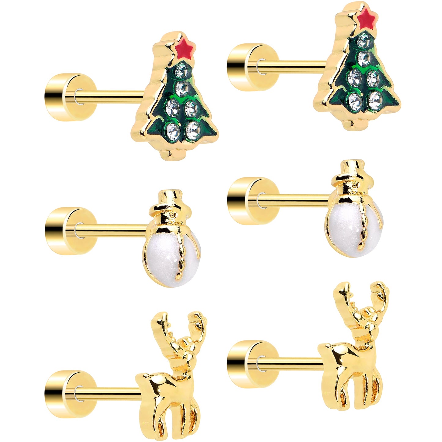 Christmas Flat Back Earrings - 3 Pairs Holiday Tree Reindeer Snowman