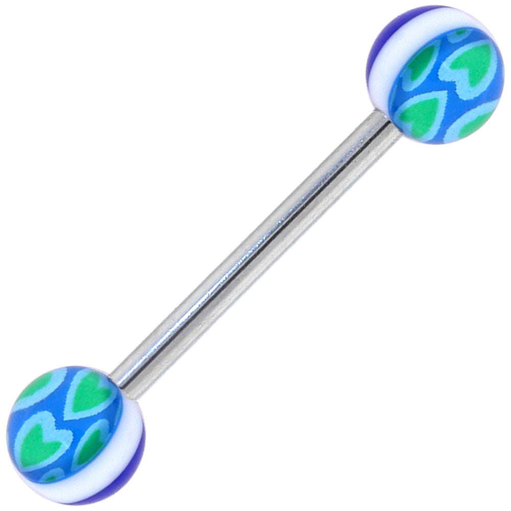 Blue Green HEARTS Barbell Tongue Ring