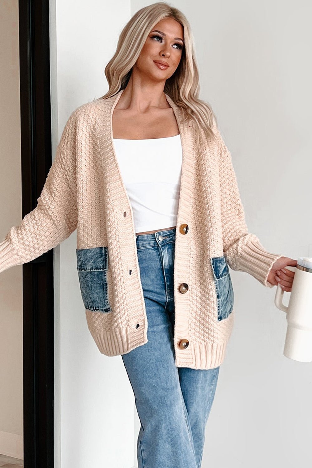 Smoke Gray Open Front Knitted Denim Pocket Patchwork Cardigan - Jaico Online Shop
