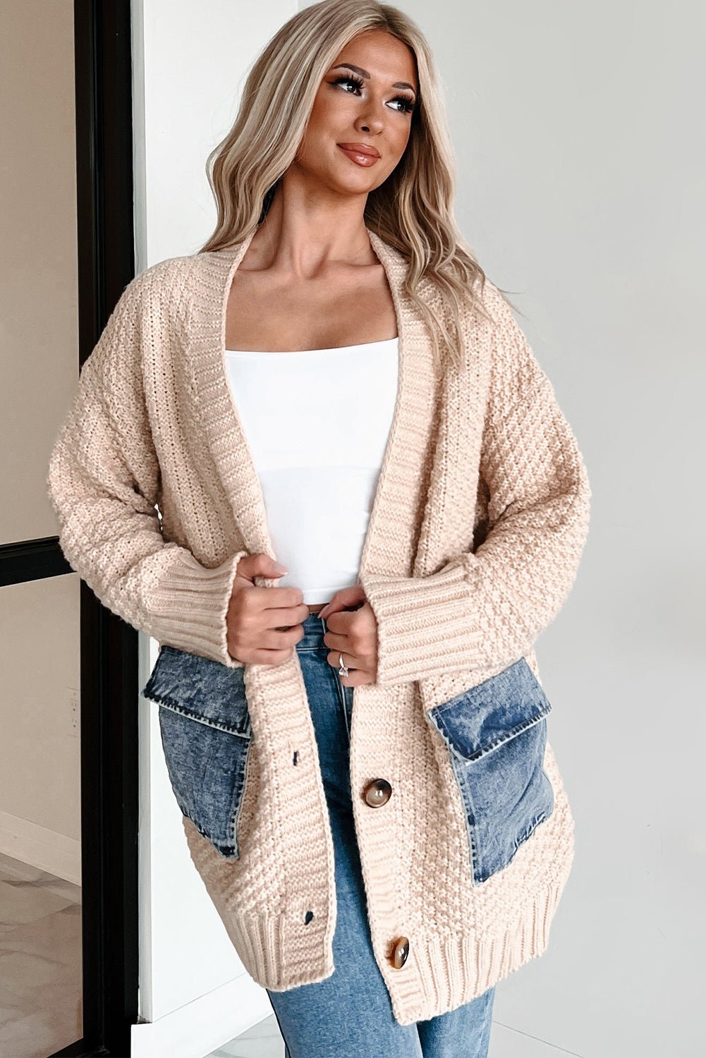 Smoke Gray Open Front Knitted Denim Pocket Patchwork Cardigan - Jaico Online Shop