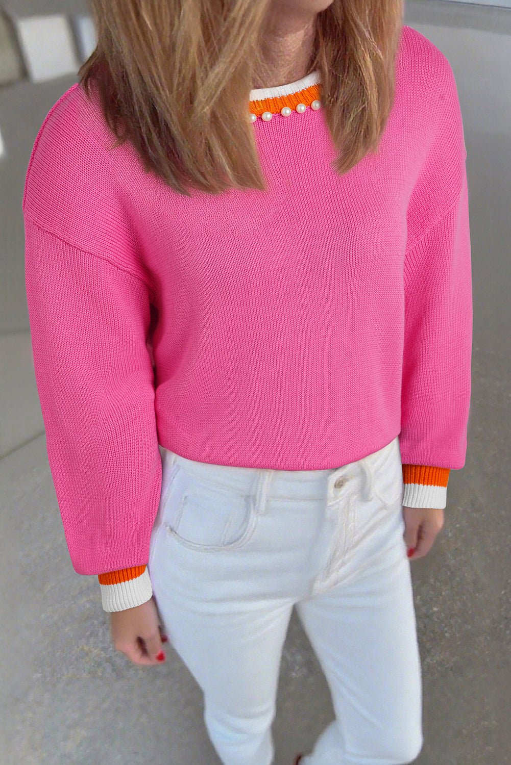 Sachet Pink Contrast Crew Neck Pearled Decor Drop Shoulder Knit Sweater - Jaico Online Shop