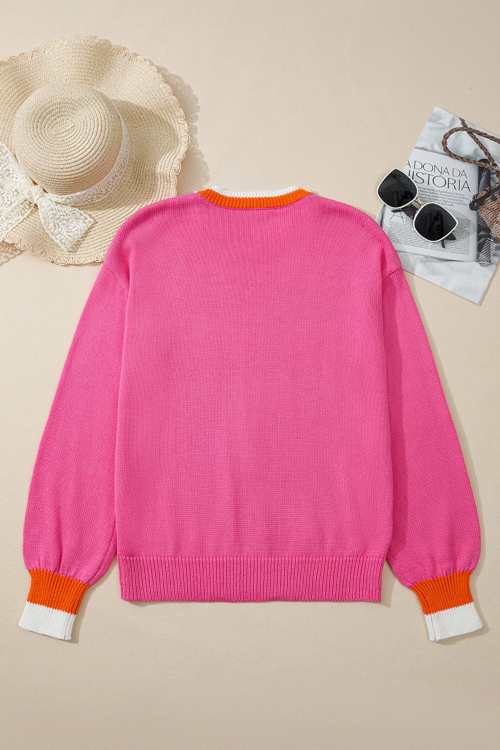 Sachet Pink Contrast Crew Neck Pearled Decor Drop Shoulder Knit Sweater - Jaico Online Shop