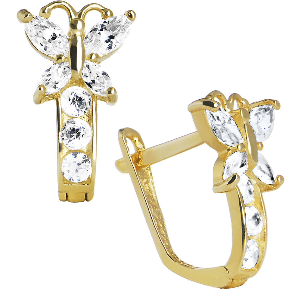 14k Yellow Gold Butterfly April Birthstone Leverback Earrings