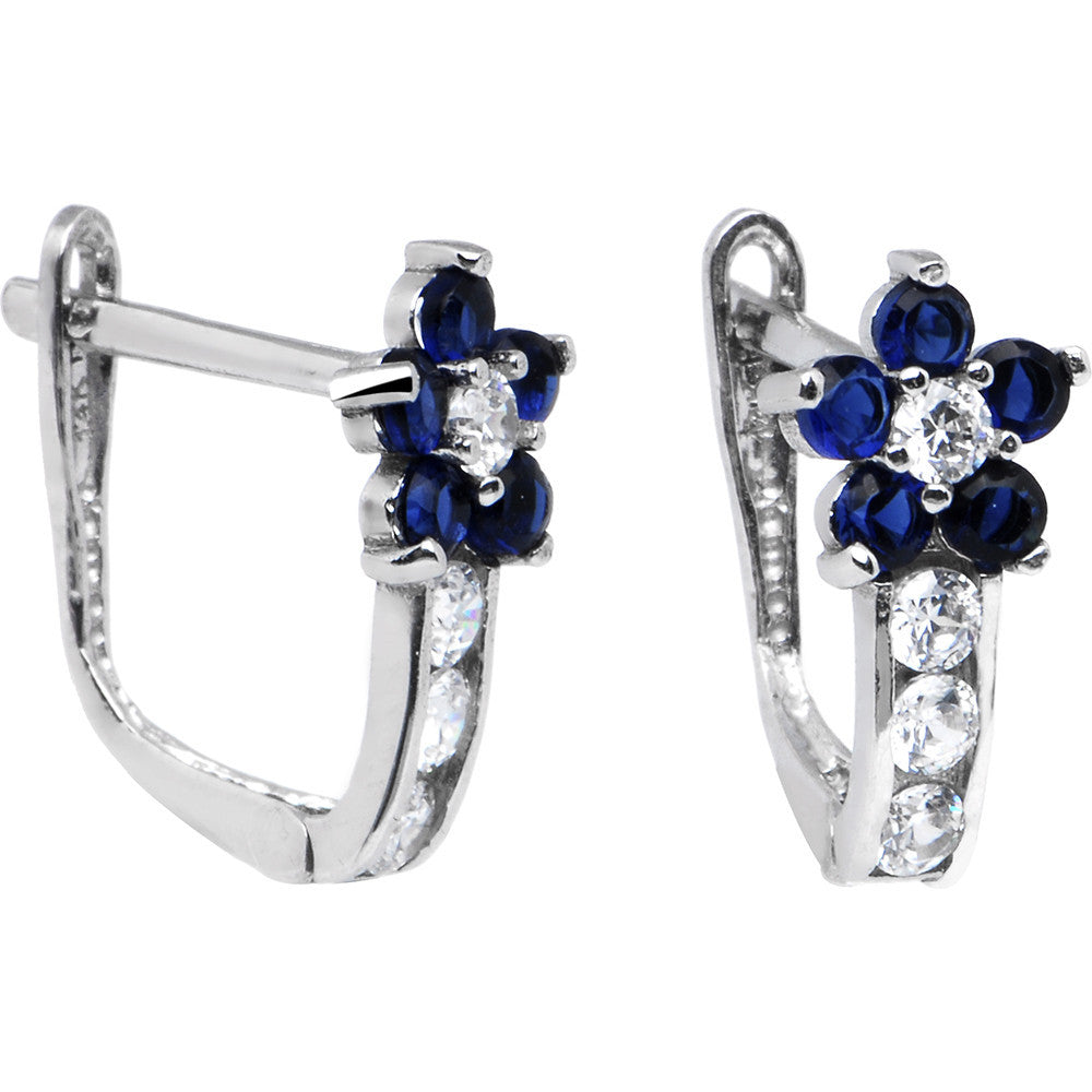 14k White Gold Blue Sapphire Clear Cubic Zirconia Flower Earrings