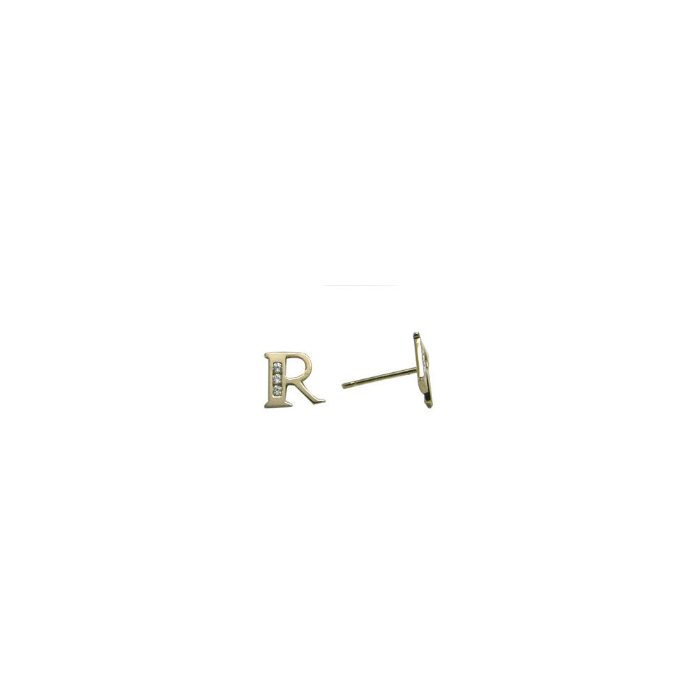 14k Yellow Gold CZ Initial R Stud Earrings