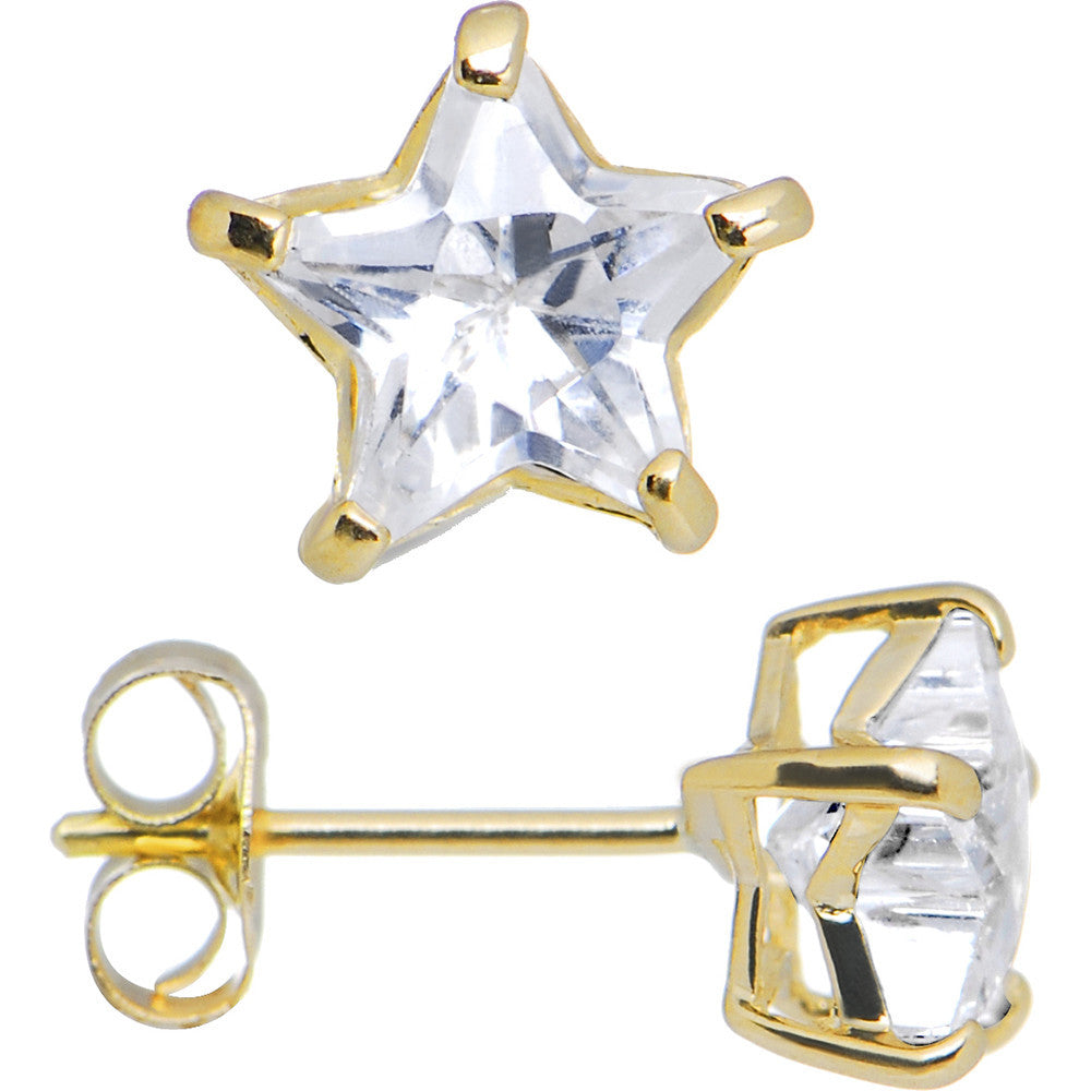 14k Yellow Gold .47ct Basket Set Star CZ Stud Earrings