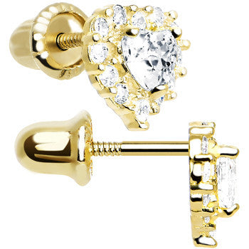 14k Yellow Gold Heart CZ April Birthstone Youth Screwback Earrings
