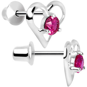 .925 Sterling Silver Pink CZ Hollow Heart Youth Screwback Earrings