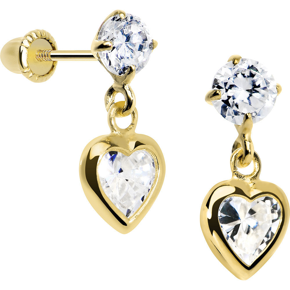 14K Yellow Gold CZ Filled Heart Dangle Youth Screwback Earrings