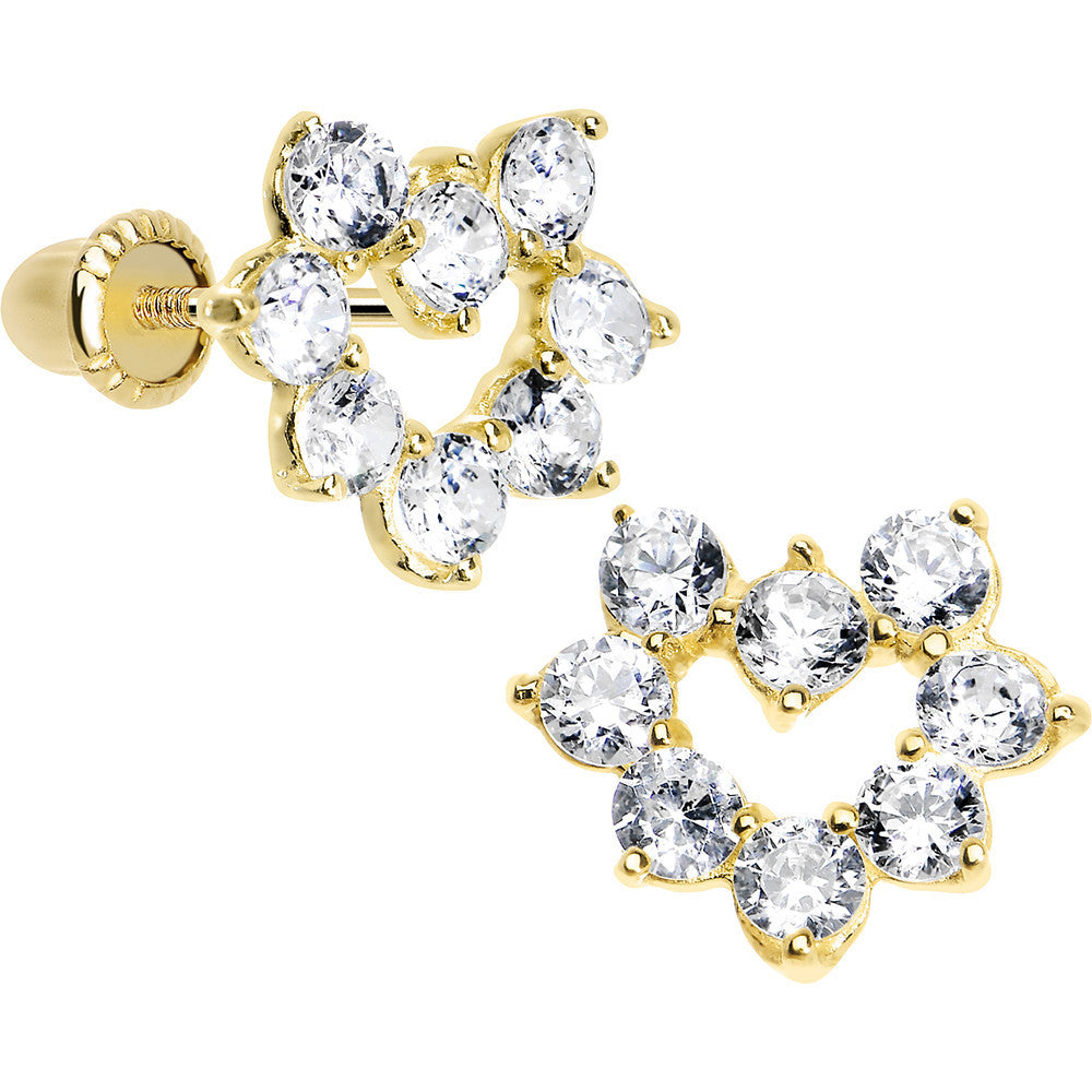 14K Yellow Gold Full CZ Hollow Heart Youth Screwback Earrings