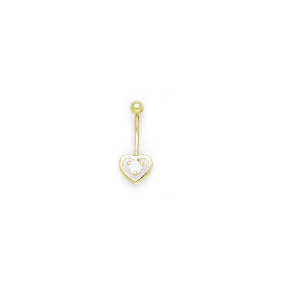 16G Solid 14k Yellow Gold Zirconia Hollow Heart Belly Ring