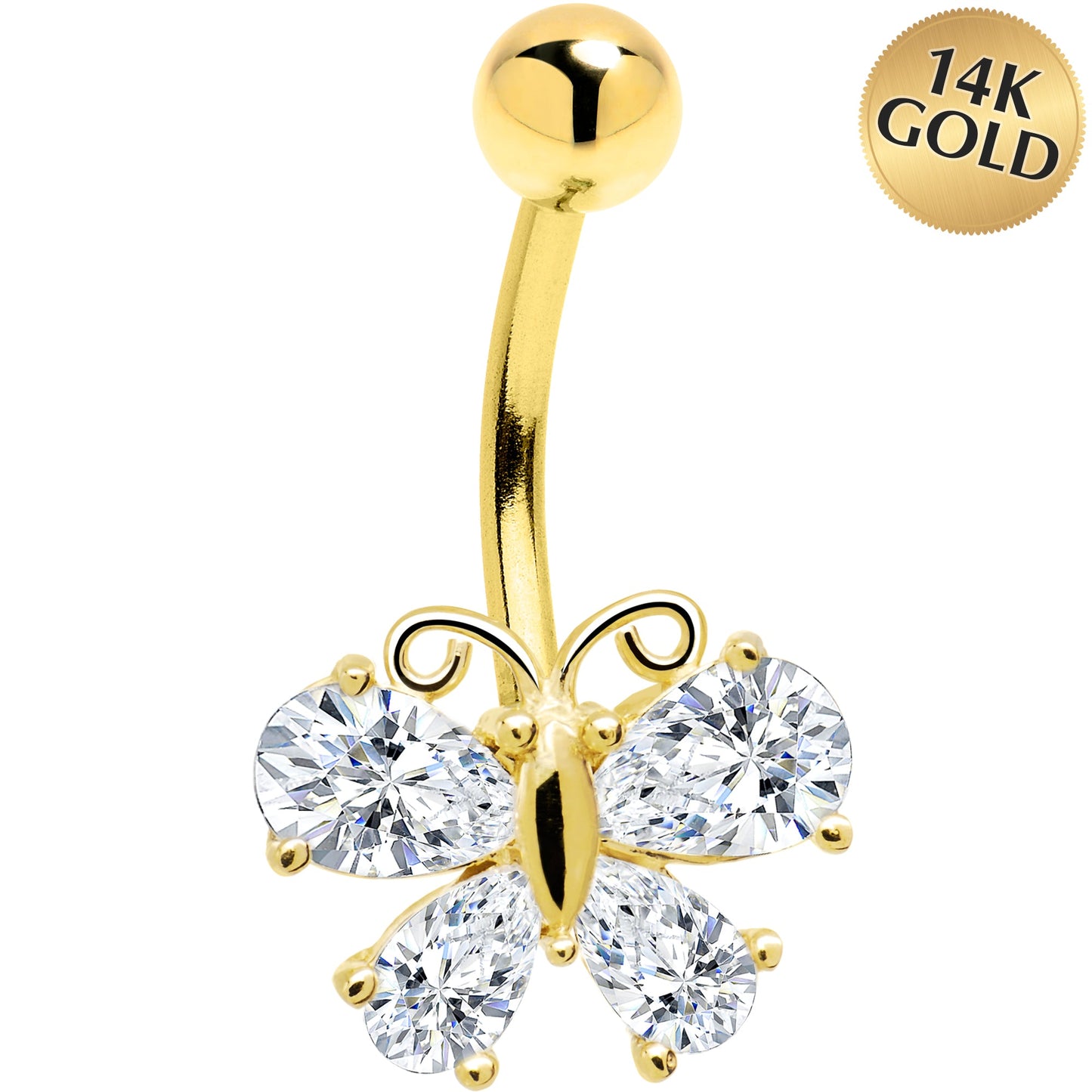 16G Solid 14k Yellow Gold Cubic Zirconia Butterfly Belly Ring