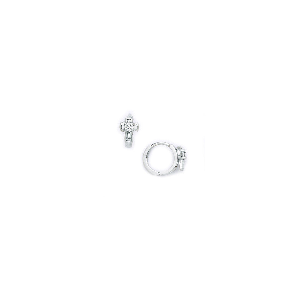 14k White Gold CZ Cross Huggy Earrings