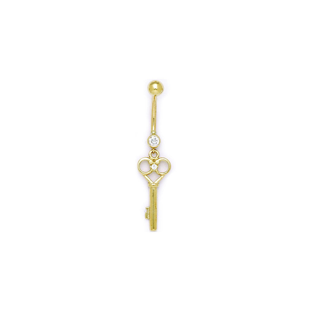 16G Solid 14K Yellow Gold Cubic Zirconia SKELETON KEY Belly Ring