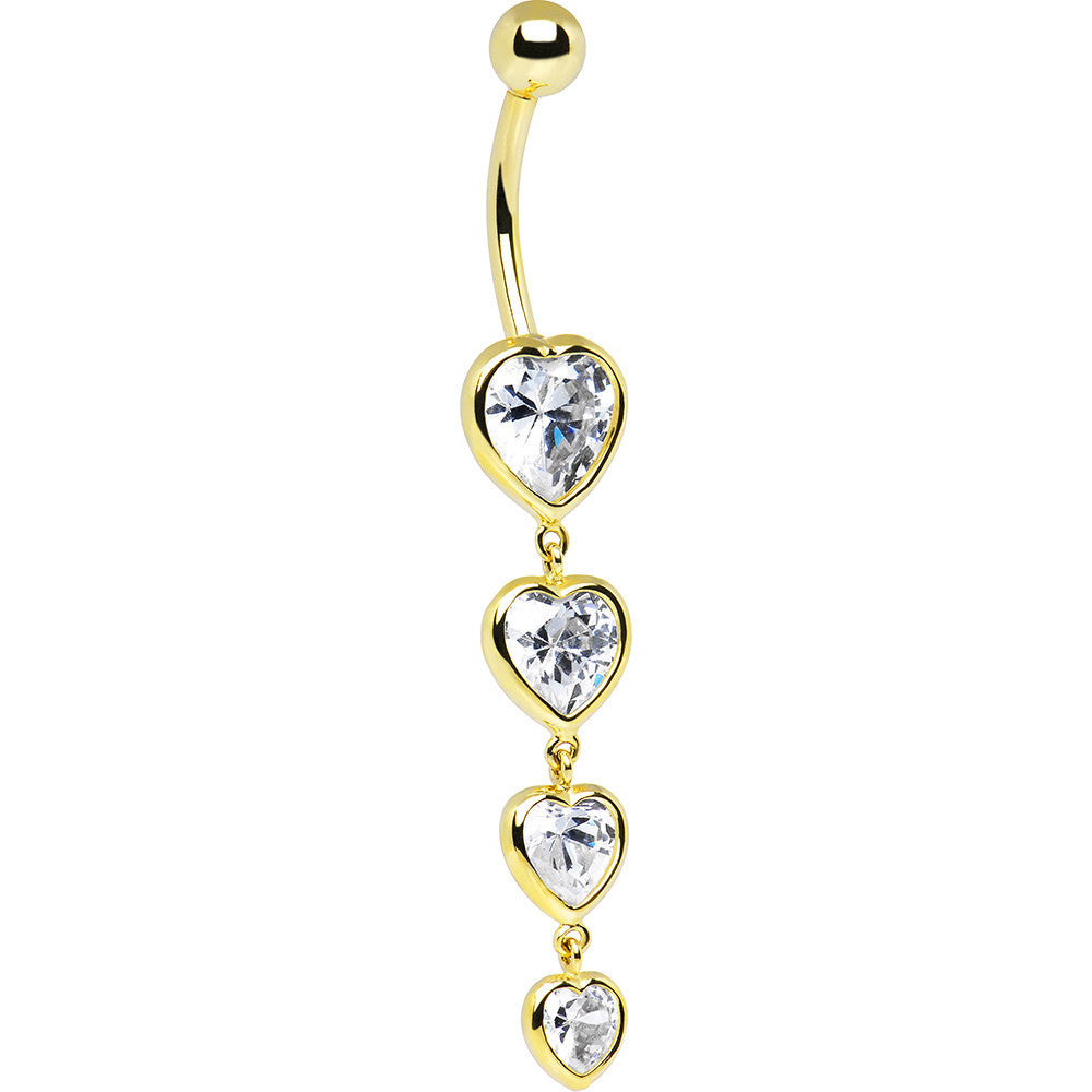 16G Solid 14k Yellow Gold Zirconia Quadruplet Heart Belly Ring