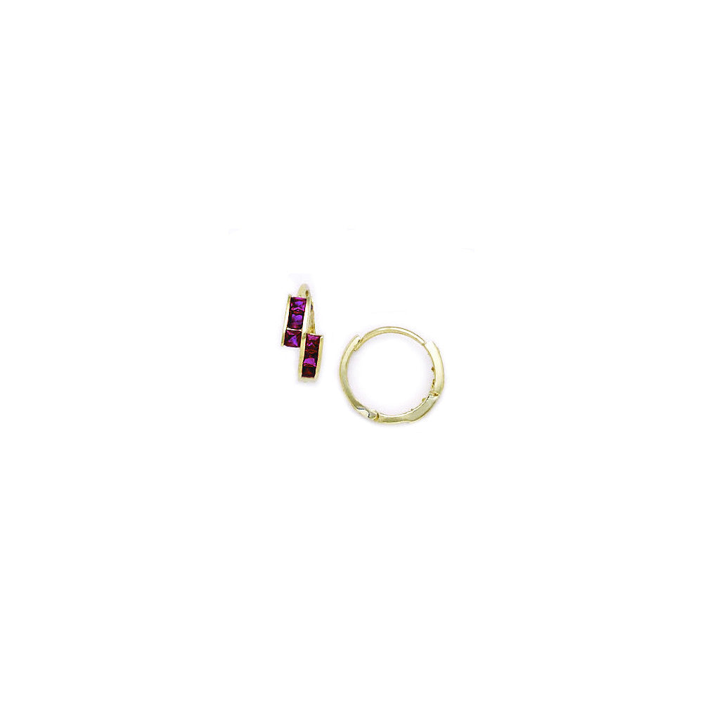 14k Yellow Gold Ruby Red CZ Square Huggy Earrings