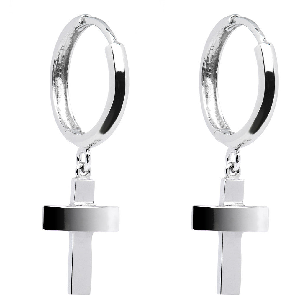 14k White Gold Cross Huggy Earrings